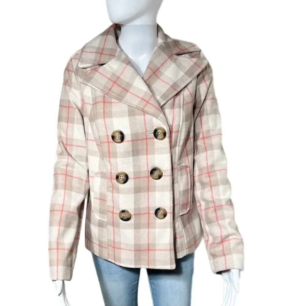 Pink & Beige Plaid Double Breasted Silk Lined Wool Peacoat NWOT